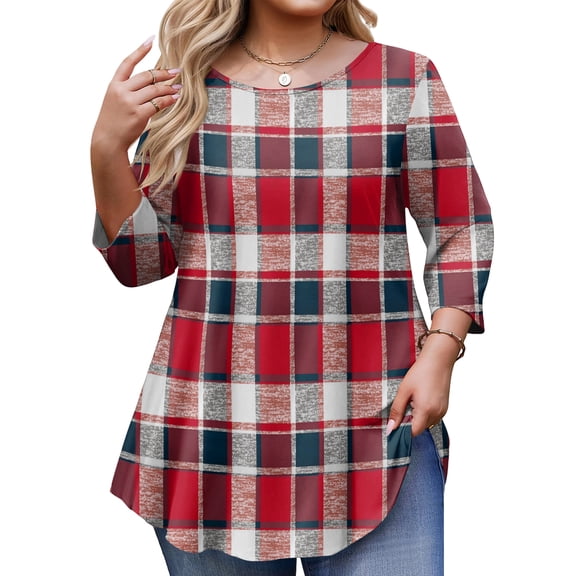 Garbnen L-5XL Plaid 3/4 Sleeve T Shirts for Women Plus Size Curved Hem Crewneck Tops for Women Color Block Spring Tunic Tops Women