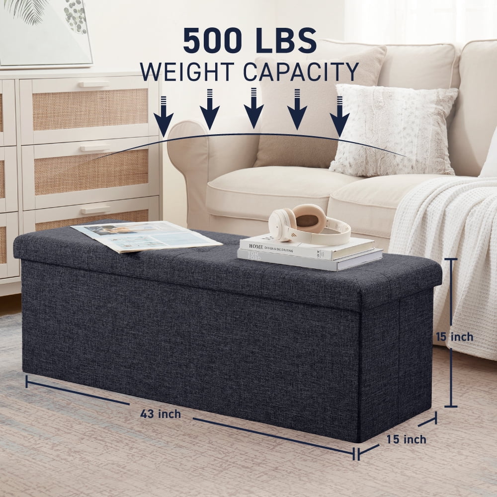 Ornavo Home Foldable Tufted Linen Large Storage Ottoman Bench Foot Rest Stool/Seat - 15" x 43" x 15"
