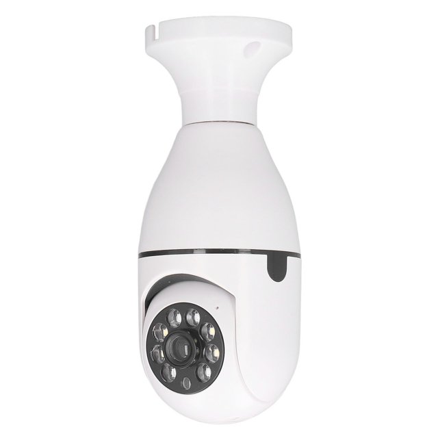 cámara inalámbrica con sensor de movimiento de 2 mp, visión nocturna por infrarrojos, wifi, 110-240 v, para seguridad del hogar cámara blanca con base E27, vista frontal 3/4; cuerpo esférico colgante, lente central rodeada de LEDs infrarrojos visibles, carcasa ABS con ranura para tarjeta y montaje de techo, adecuada para casa inteligente.