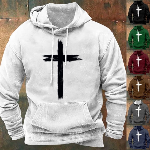 Blekii Men's Cross Print Hooded Sweatshirt, Graphic Pullover with Religious Motif, Casual Long Sleeve Streetwear Top, Soft Cotton Blend for Comfort, Statement Piece for Faith-Based