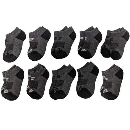 Fila Kids Boys 10-Pack Half Cushion No Show Socks Basic Logo - Charcoal Heather, Boys Small Shoe Sizes 7-10