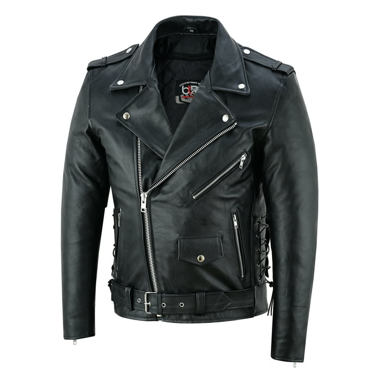 Men Motorcycle Brando Leather Jacket Distressed Zip Up Side Lacing