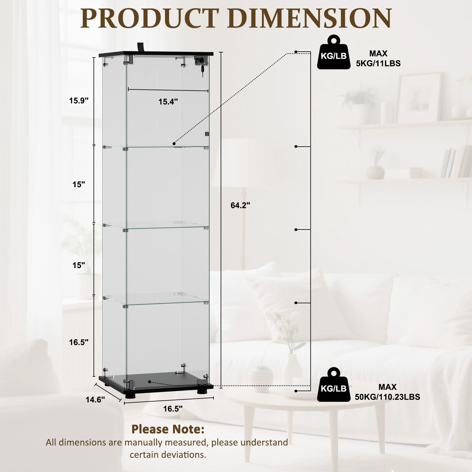 Clarvion 64" Tall Display Cabinet with Lock, 4-Tier Tempered Glass Display Case for Collectibles, Freestanding Single Door Showcase, Black