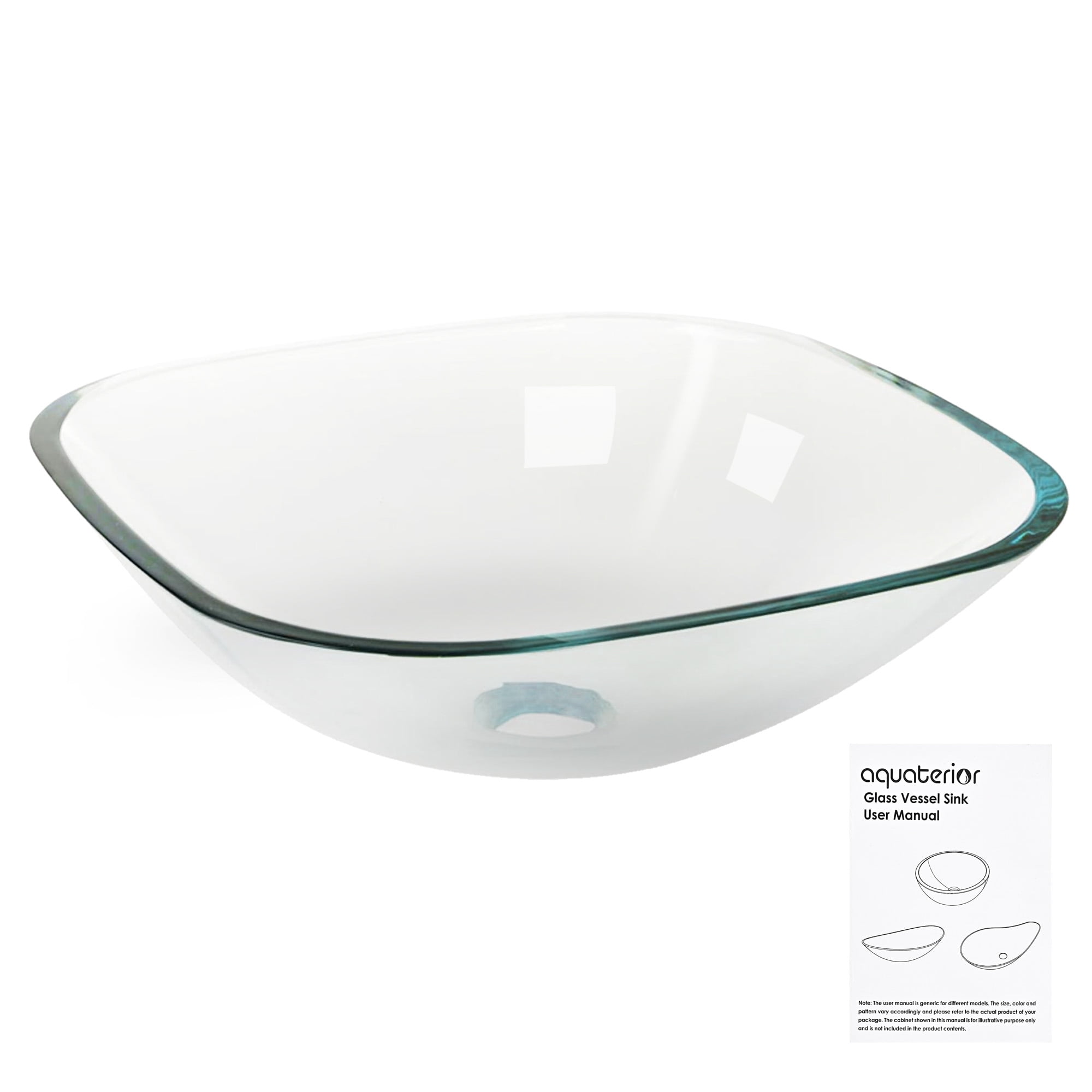 Aquaterior Bathroom Tempered Glass Vessel Sink Natural Clear Square Shape Transparent Basin