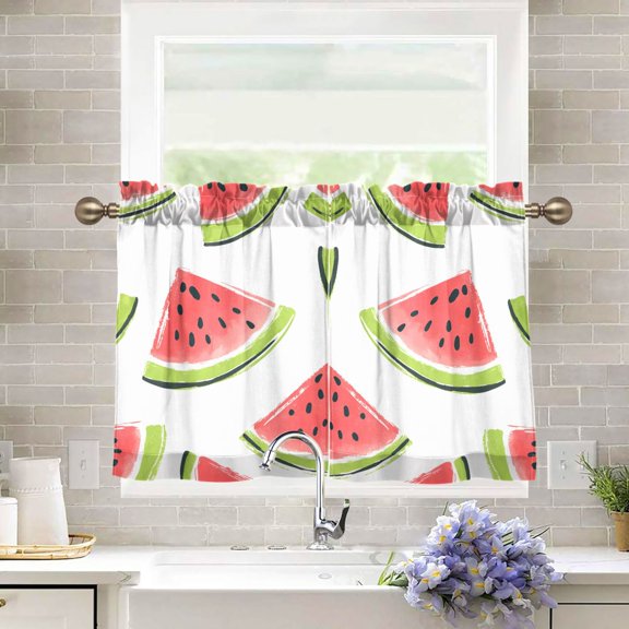 Yayeee Kitchen Curtains Tier Pair Light Filtering 27"x36" Rod Pocket Short Cafe Window Panel, Cartoon Watermelon