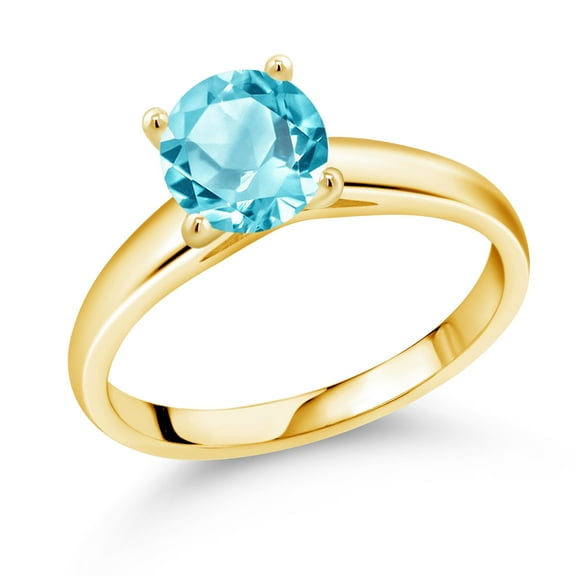 Gem Stone King 1.65 Ct 7mm Round Swiss Blue Topaz 10K Yellow Gold Ring (Size 6)