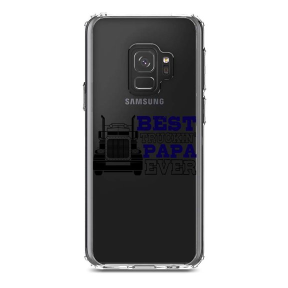 DistinctInk Clear Shockproof Hybrid Case for Samsung Galaxy S9 (5.8" Screen) - TPU Bumper Acrylic Back Tempered Glass Screen Protector - Best Truckin' Papa Ever