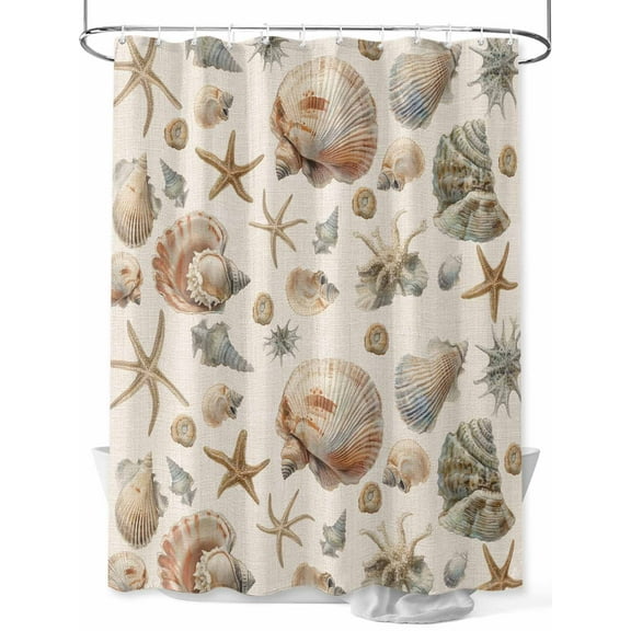 Fsddascl Seashell Coastal Shower Curtain Set - 66" x 72" Washable Bathtub Curtain with 12 Hooks, Summer Beach Ocean Starfish Burlap Waterproof Fabric Stall Shower Curtains for Bathroom/Bathtub