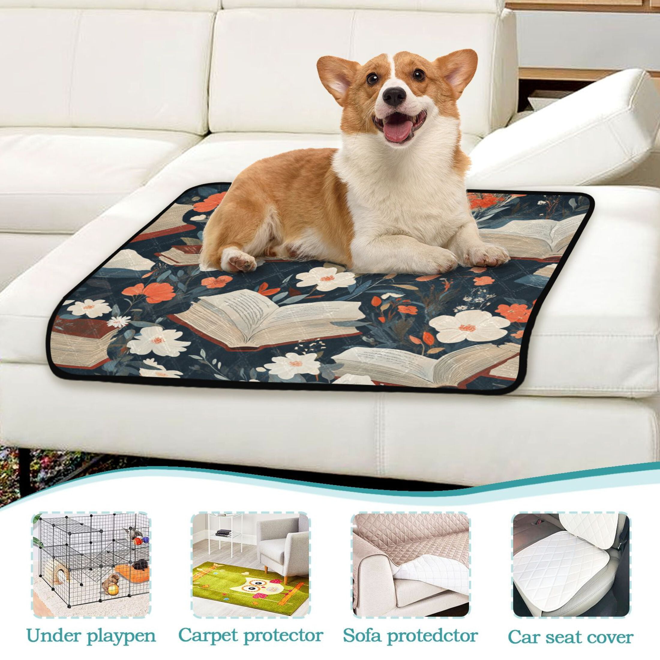 Qxltty Books and Flowers Collide Cat litter Pads Pet Set of 3 Diaper Mats Center Anti-leakage Layer Absorbent Soft and Comfortable