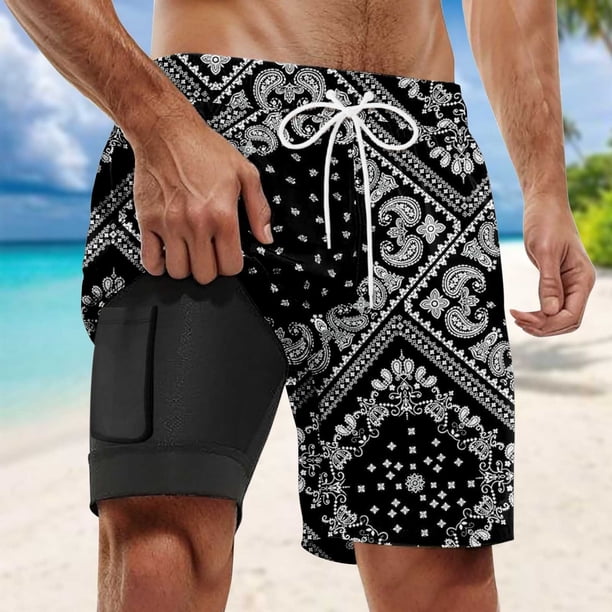 WILLBEST Pantalones Cortos Casuales de Verano para Hombre, Pantalones Cortos de Playa con Doble Capa Interior y Estampado de Moda con Bolsillo