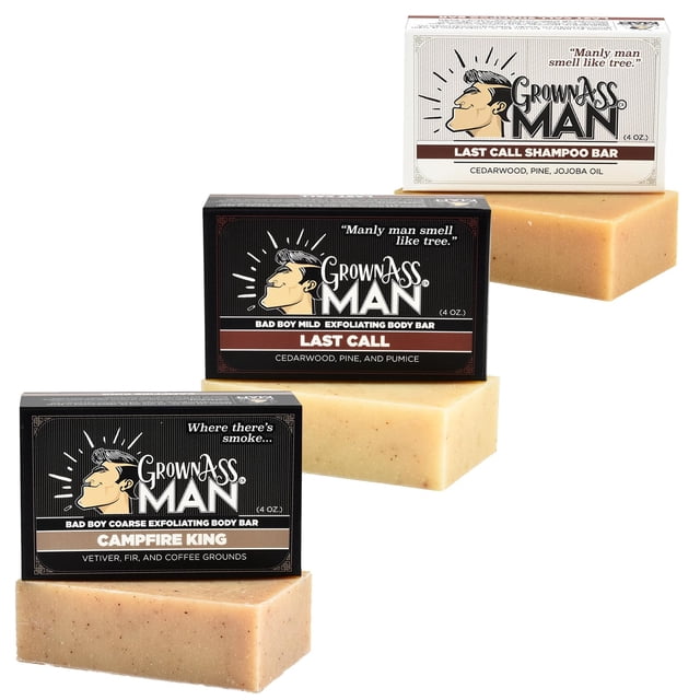 Paquetes combinados de Grown Ass Man Co. – Barras de jabón y champú sólido, espuma rica con aceites naturales y exfoliante suave para hombres – Sin plástico y ecológico, barras naturales y orgánicas d