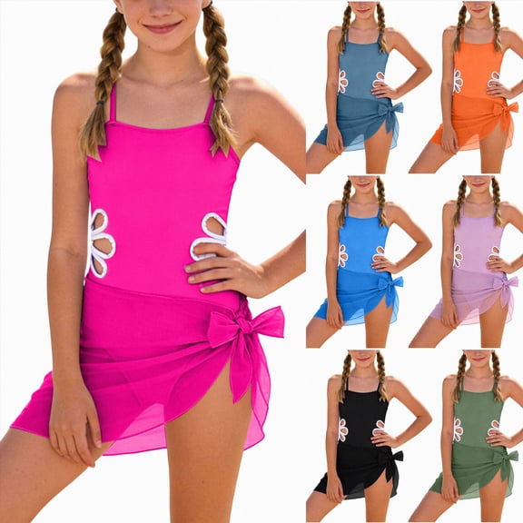 Splozh Teen One Piece Swimsuit with Beach Skirt for Girls, Stylish Bathing Suit for Teenage Tween Girls Summer Vacation Wear Black,9-10 Years