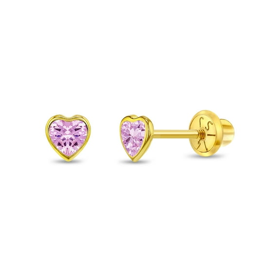 14k Yellow Gold 4mm Pink Bezel Heart Cubic Zirconia Screw Backs for Baby Girls