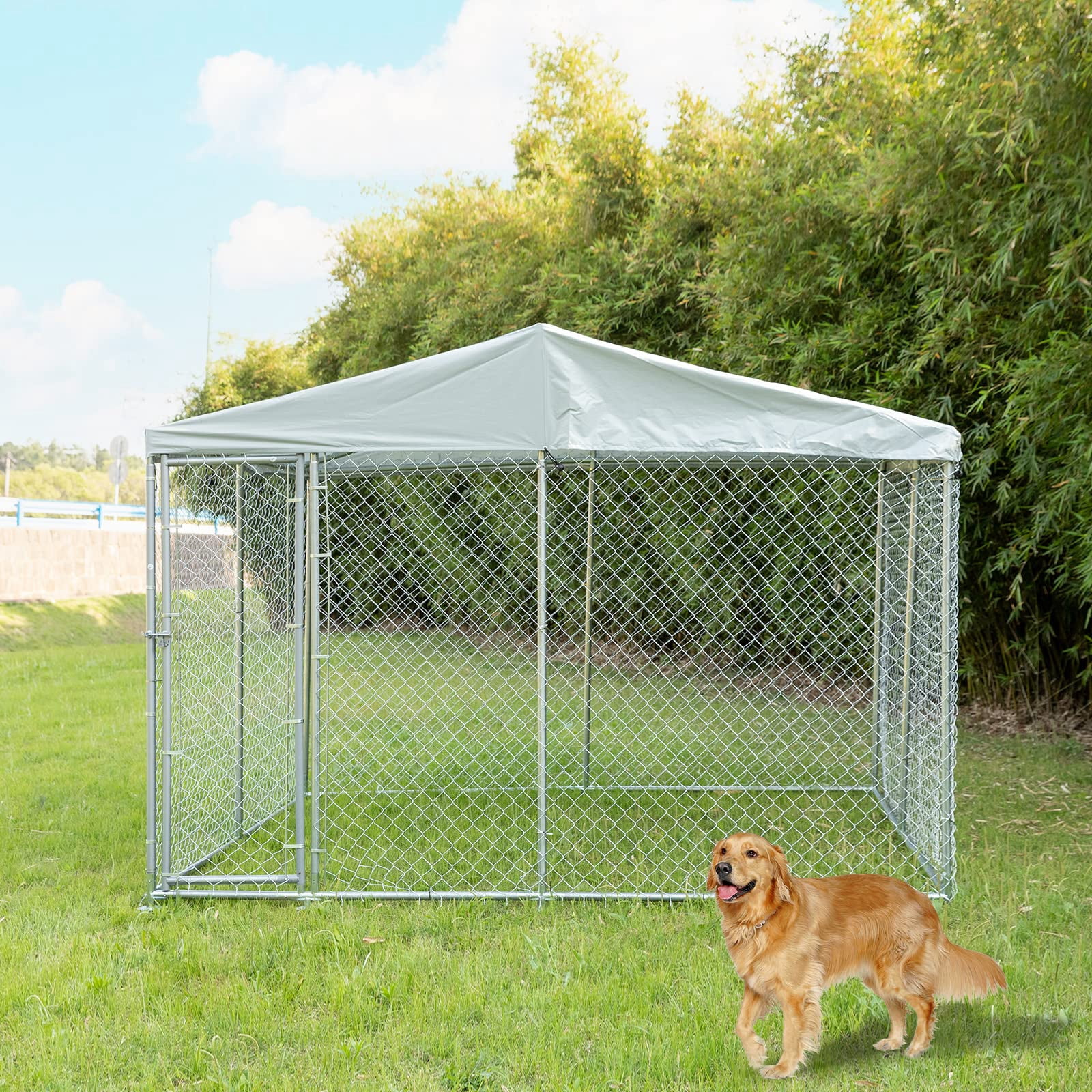 Outdoor Large Dog Kennel, Heavy Duty Dog Cage Pet House Galvanized Steel Fence Dog Playpen Puppy Exercise Pen Dog Run Cage w/UV & Waterproof Cover and Secure Lock (9.84'Lx9.84'Wx7.21'H)