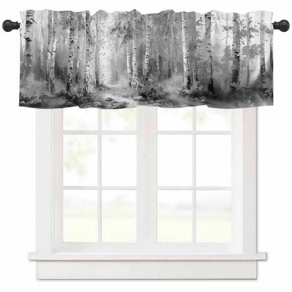 Hokiten Rod Pocket Curtain Valance, Grey Farmhouse Window Valance for Living Room, Bedroom, Kitchen Modern Oil Painting Art Forest 60"W x 18"L
