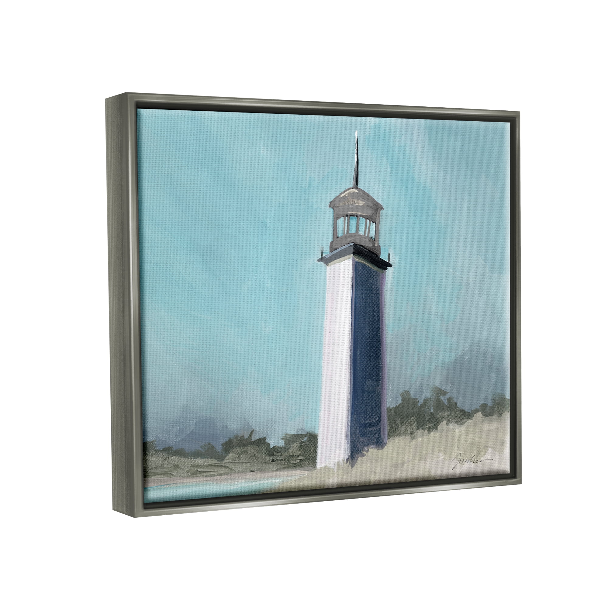 Stupell Industries Muted Lighthouse Landscape Nature Painting Gray Floater Framed Art Print Wall Art, 31 x 25