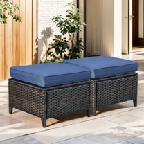 Planntonneo Outdoor Wicker Ottoman Set of 2, Patio Rattan Footrest Seat with Blue Cushions, Brown Wicker