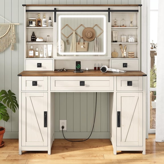 Farmhouse Makeup Vanity Desk with Lights & Charging Station,Vanity Desk with Mirror and Lights, 47.2” Large Brown Vanity Table with Ample Storage Space and Sliding Mirror (Antique White)