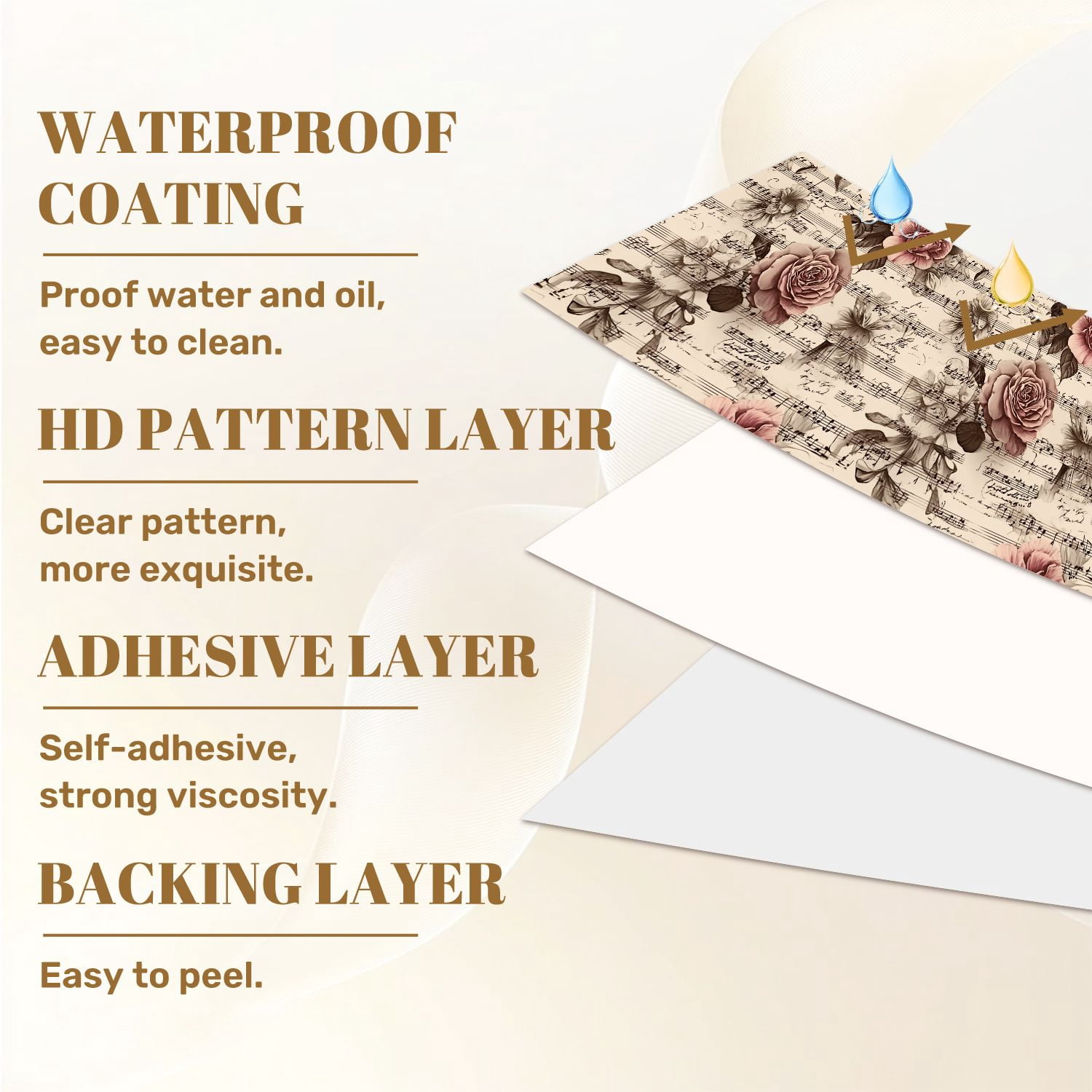 Peel and Stick Wallpaper Roses Floral Vintage Sheet Music Sepia Tones Wall Mural 23.6in x 9.8ft Self Adhesive Removable Wall Paper Renter Friendly Wallpaper for Nursery Bedroom Cabinets