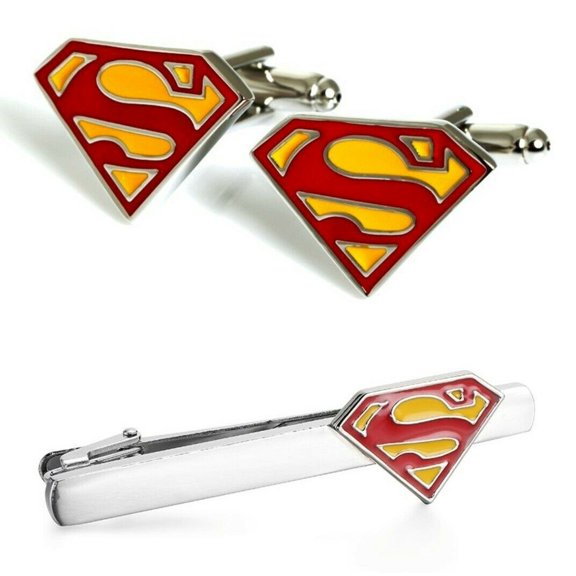 Superman S Logo Enamel Metal Cufflinks and Tie Clip Set