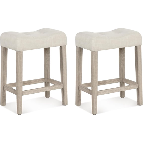 MorandiMal 24" Bar Stools Set of 2, Upholstered Counter Height Saddle Bar Stools with Footrest and Wood Legs, Farmhouse Button Tufted Backless Barstools for Kitchen Island, Dining Room, Cafe, Beige