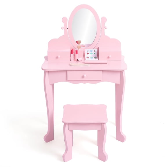 Kids Princess Wooden Vanity Table with Mirror & Stool – With Storage Drawer – Perfect for Girls 4-9 Years Old – Pretend Play Furniture, Pink (No Lights)