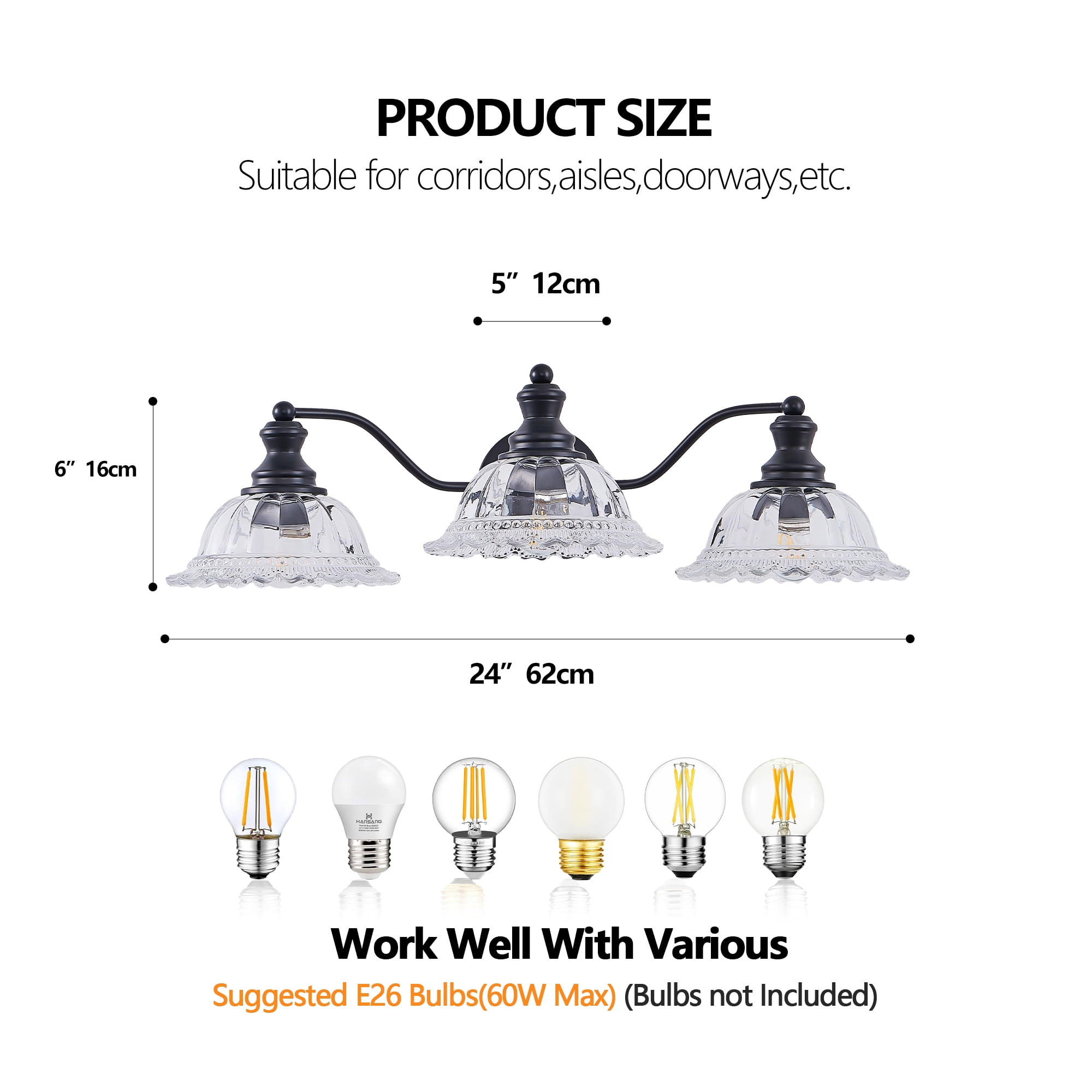Vintage 3-Light Bathroom Vanity Light, Wall Sconce with Clear Glass Shades, Matte Black Finish Modern, 24-Inch