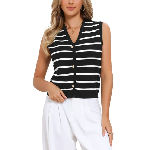 INSPIRE CHIC Striped Sweater Vest for Women's V Neck Button Up Sleeveless Knit Vests Top L Black