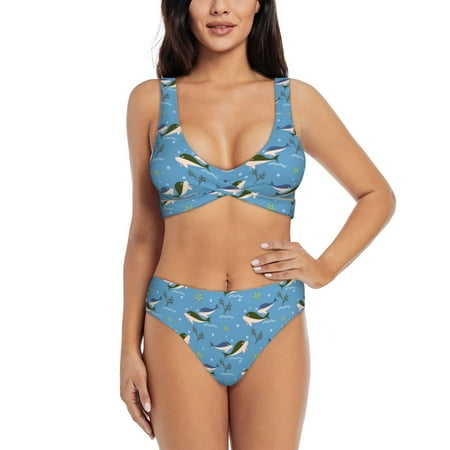 Zeuib Dolphin Lovers High Waisted Tummy Control Bikini Set - Knot Front Push Up Top & Cheeky Thong Bottom  Two-Piece Swimsuit for Women-XX-Large