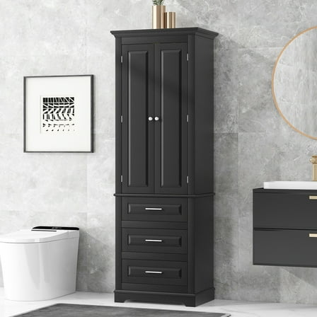 Tall Storage Cabinet with Three Drawers for Bathroom/Office, Black