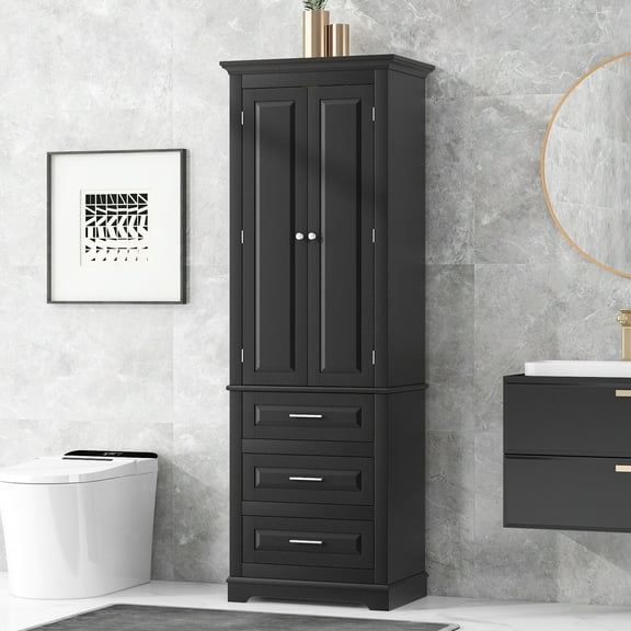 Tall Storage Cabinet with Three Drawers for Bathroom/Office, Black