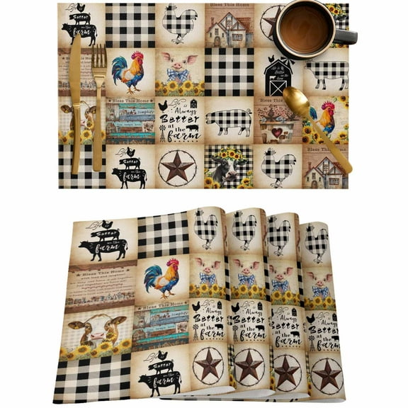 Farm Animal Country Star Sunflower Placemats Set of 4,Wipeable Washable Table Mats for Dining Tables,Vintage Brown Buffalo Plaid Place Mats for Kitchen Event Party Tabletop Decor