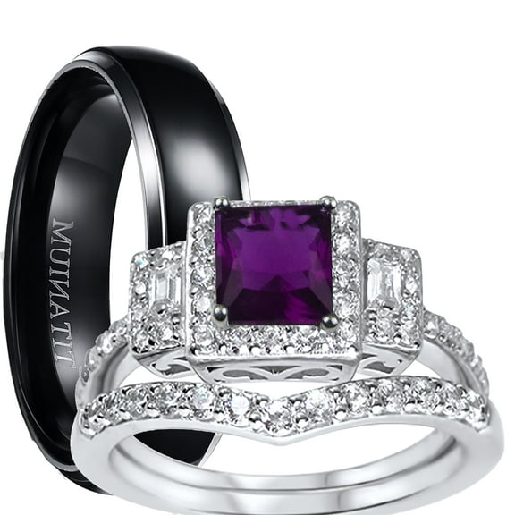 His Hers Wedding Set Purple Amethyst CZ Engagement Ring Bridal Bands for Women Size 7 Men Size 10