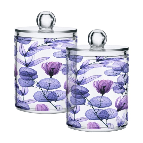 Ryvnso 2 Pack Qtip Holder Organizer Leaves and Flowers Purple Bathroom Cotton Swabs Cans Storage Canister