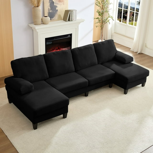 Puremind 110" U Shaped Sofa, Upholstered Sectional Couch with Double Chaises, Modern 4 Seat Sofas and Couches for Living room/Apartment, Black