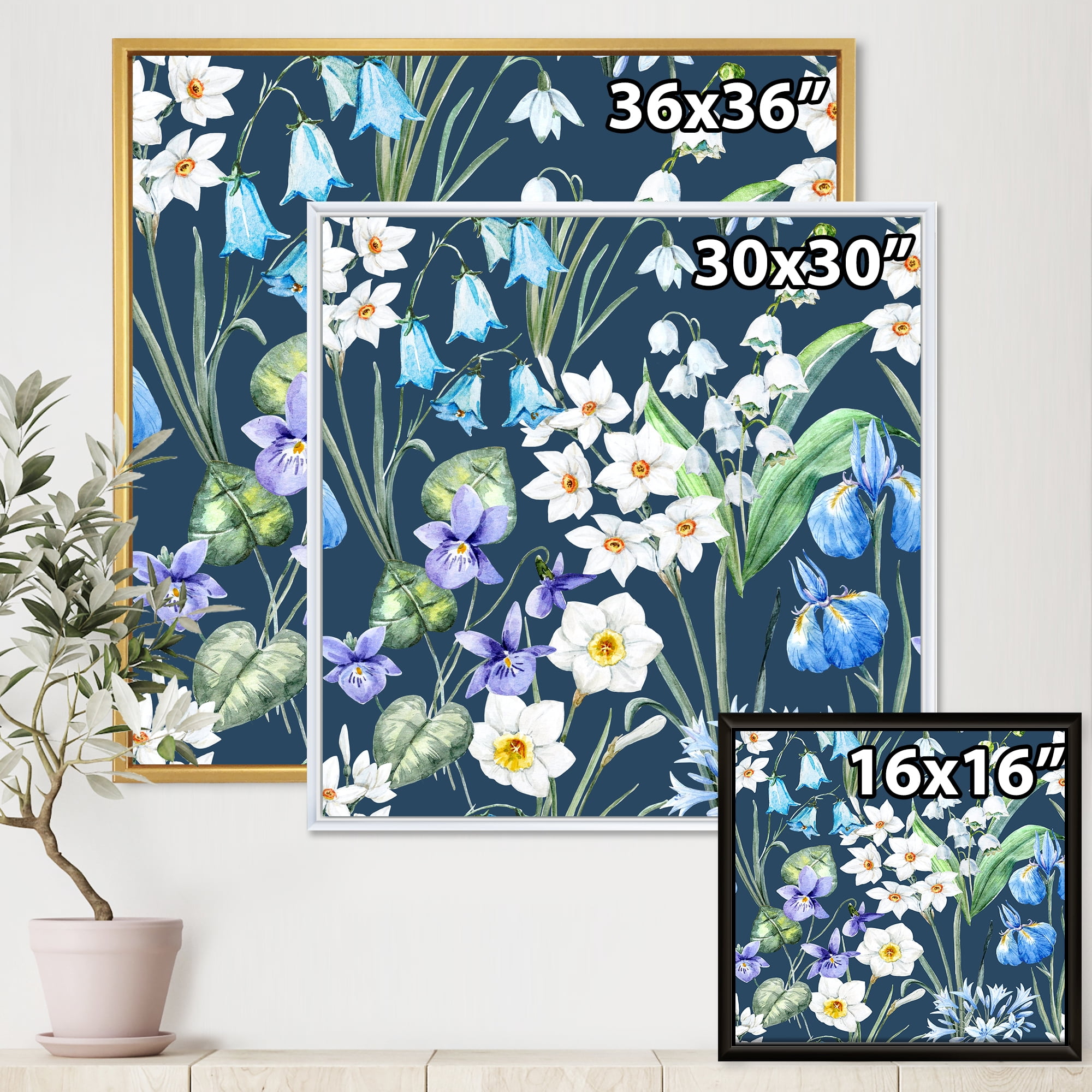 Designart 'Blue and White Spring Flowers On Dark Blue' Traditional Framed Canvas Wall Art Print