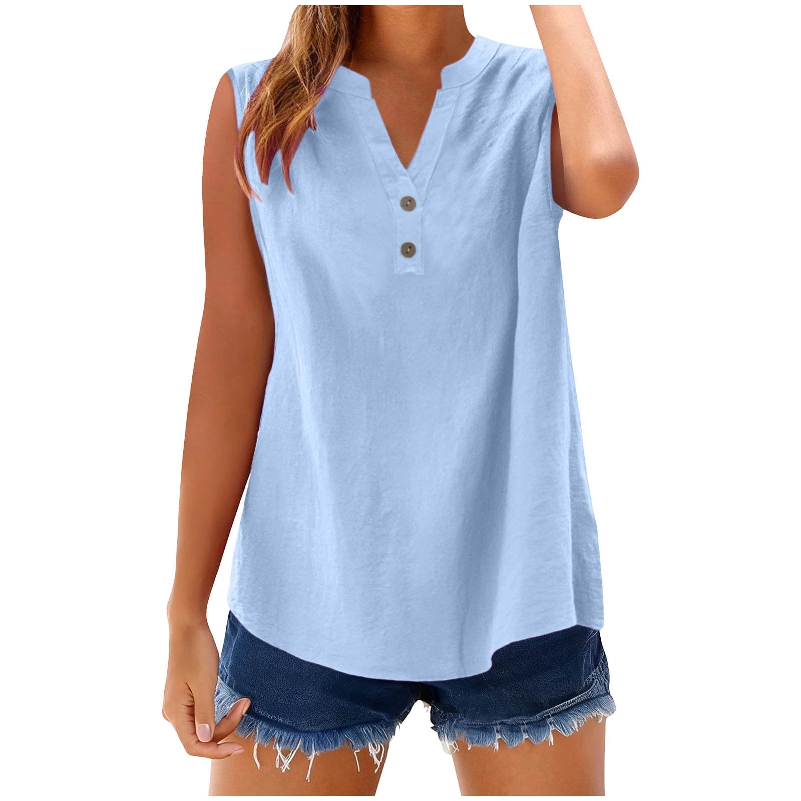 BLVB Womens Cotton Linen Tank Tops V Neck Casual Loose Cami Sleeveless ...