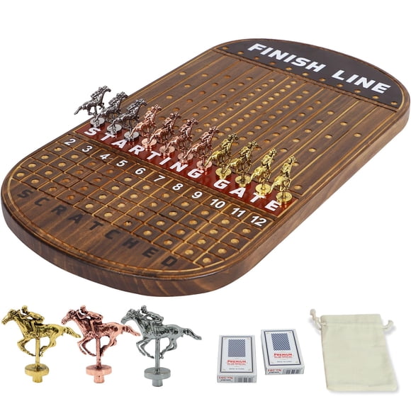 Jyquorp Jeu de Course de Chevaux Jeu de Société en Bois Massif avec 11 Chevaux en Métal Classiques Luxueux et Durables avec 4 dés et 2 Boîtes de Cartes Jeu de Course de Chevaux (Rustié