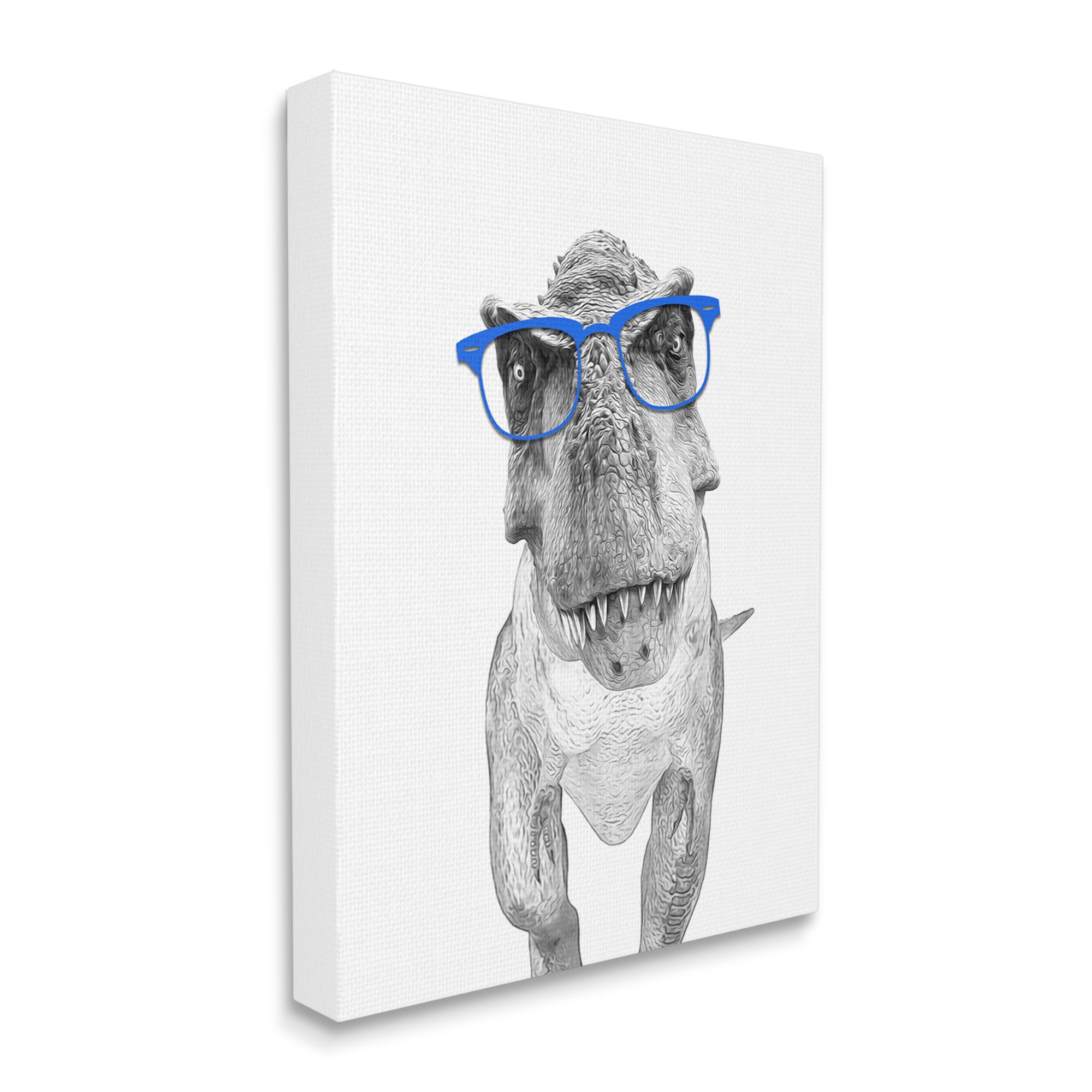 Stupell Industries Adorable Monochrome T-Rex Dinosaur Blue Glasses Illustration Kids Painting Gallery-Wrapped Canvas Print Wall Art, 24 x 30, Design by Annalisa Latella