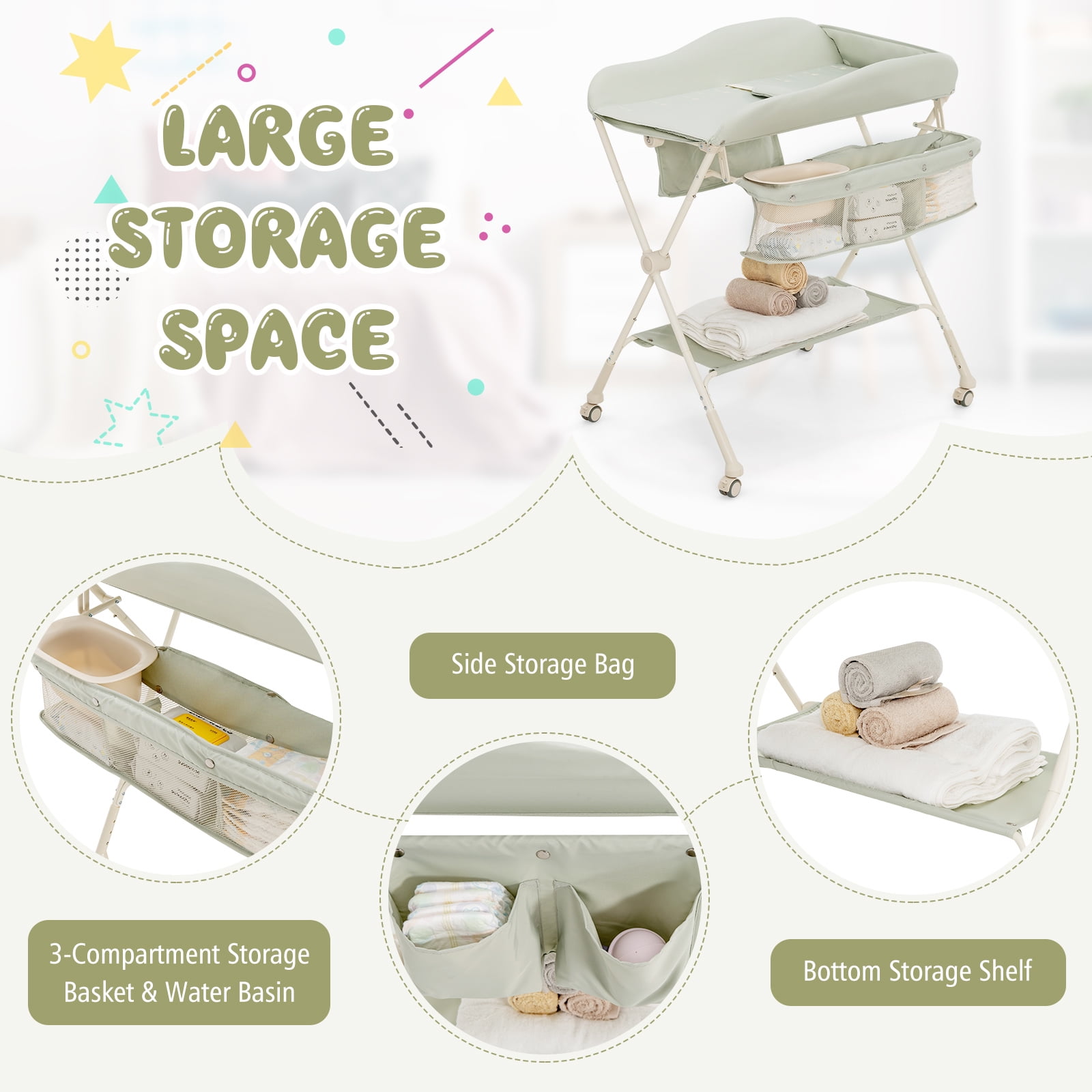 Infans Baby Diaper Changing Table Folding Newborn Nursery Organizer W/Water Basin Wheel