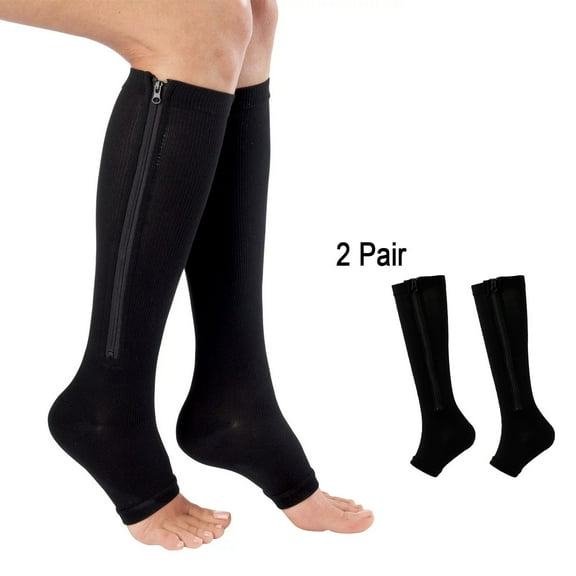 2PC Unisex Compression Socks with Zipper, Stretch Leg Support Open Toe Knee Stockings, Sports and Football Socks, Black XXL