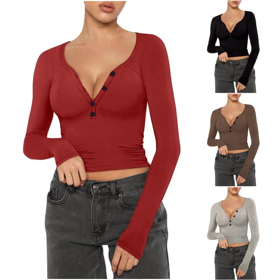 Dagugfen Crop Tops for Women Long Sleeve Button Deep V Neck Tunic Slim Fitted Low Cut Going out Tops