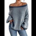 thumbnail image 2 of Suéter de Punto Holgado Informal de Larga con Rayas y Hombros Descubiertos para Mujer (Otoño 2025) Azul XXL, 2 of 9