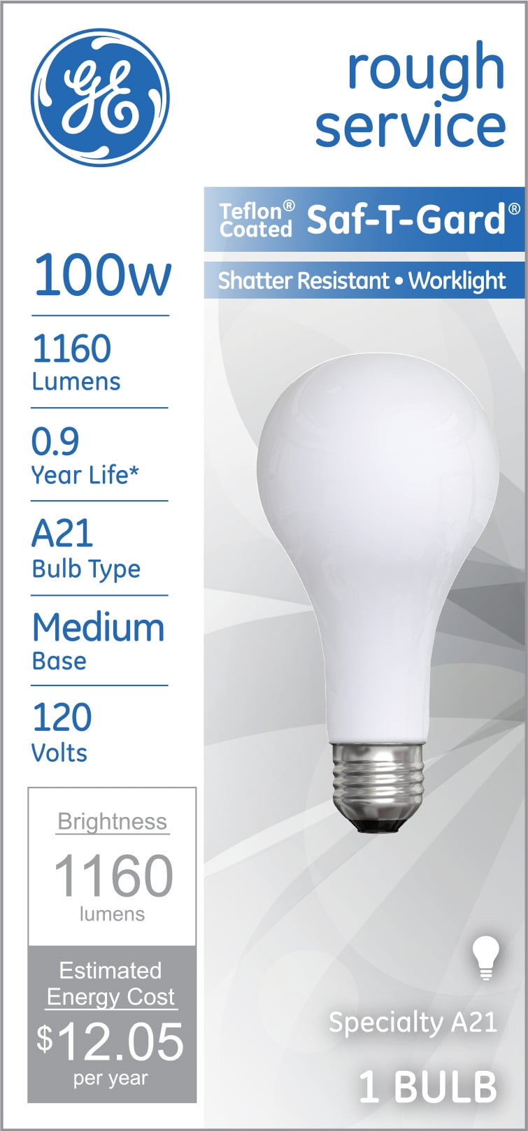 GE Rough Service Incandescent Teflon Coated Saftey Guard Light Bulb, 100 Watt, Soft White, 1pk