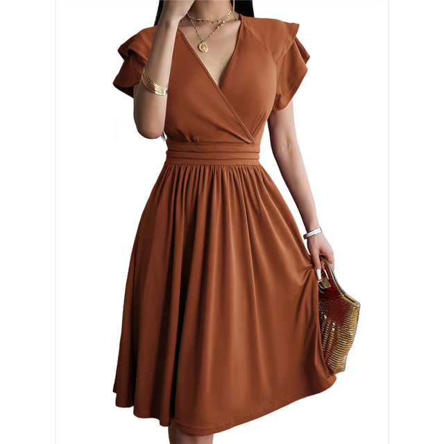Robe Midi d'Été 2025 Printemps Col en V Cocktail Invitée de Mariage Coupe Évasée et Robes Évasées Brun Clair P