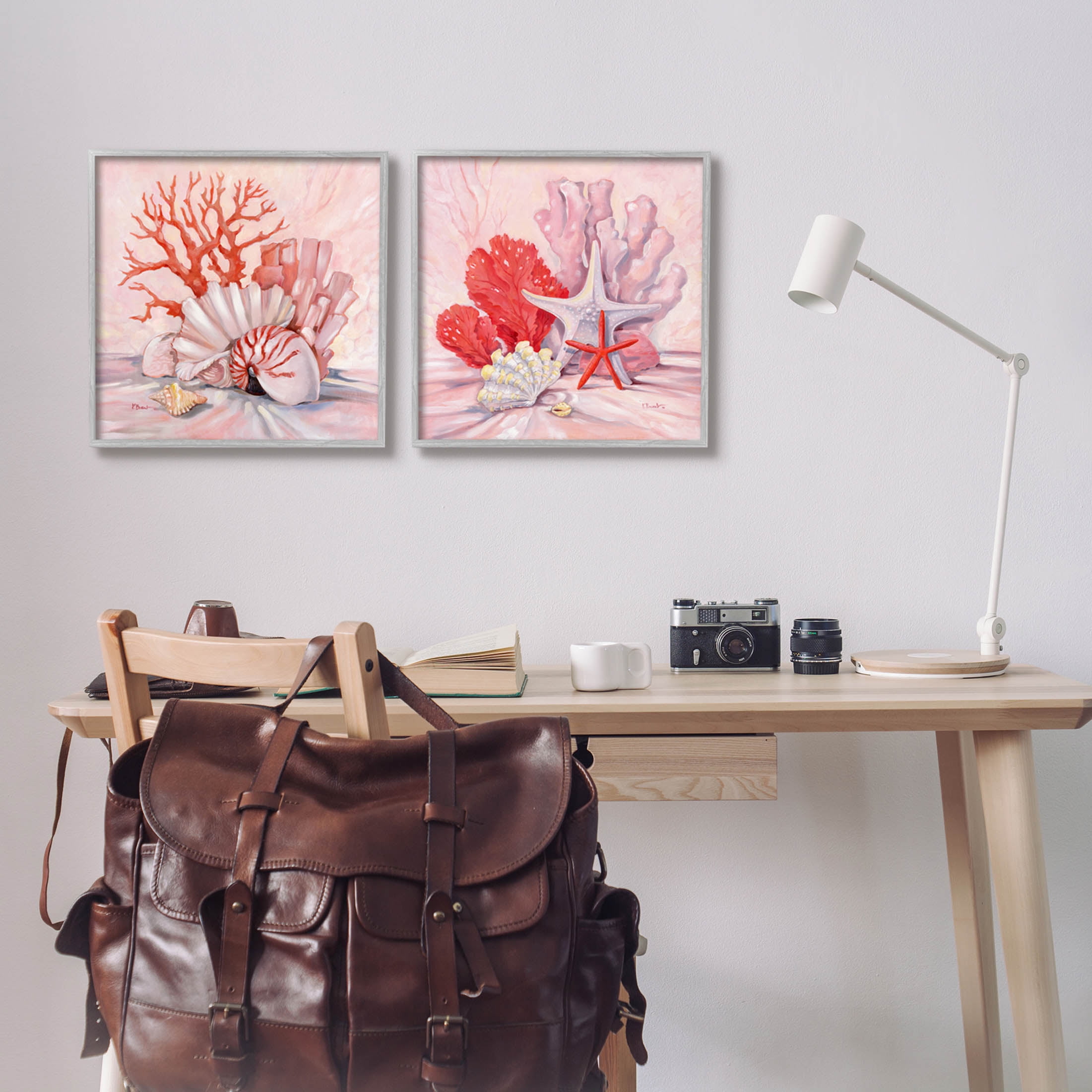 Stupell Industries Pink Coral Sea Life Painting Gray Framed Art Print Wall Art, Set of 2, Design by Paul Brent