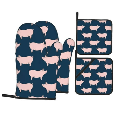 

Oven Mitts and Pot Holders Sets 4 pcs - Pig 1 Heat Resistant Silicone Oven Gloves with Non-Slip Silicone Surface and hot pads for kitchen Baking Cooking BBQ