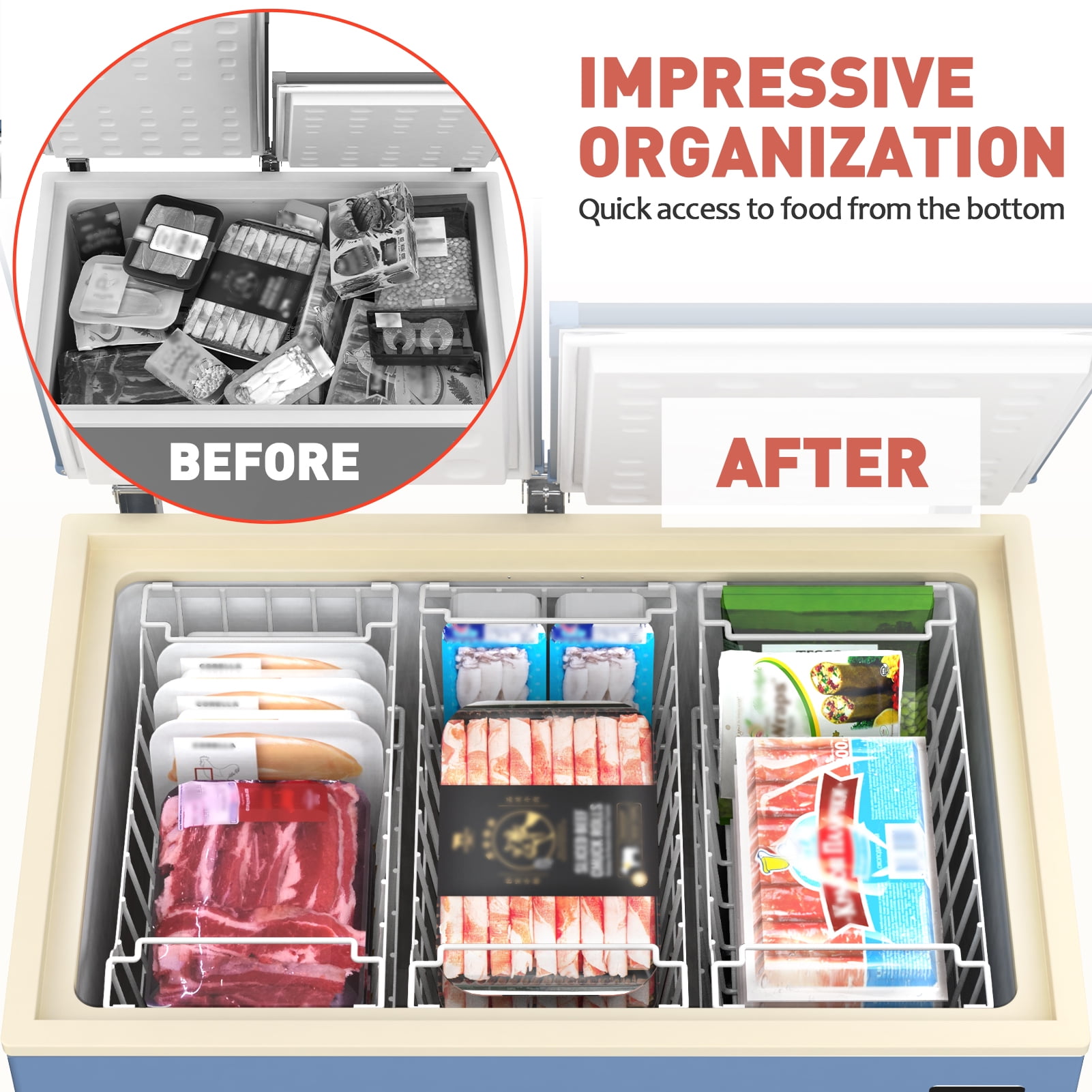 SUNALLY Freezer Organizer Bins 4 Pack, Stackable Freezer Baskets with Foldable Handle for 3.5-7 Cu.FT Deep Chest Freezer Organization, Coated Metal Storage Bins White
