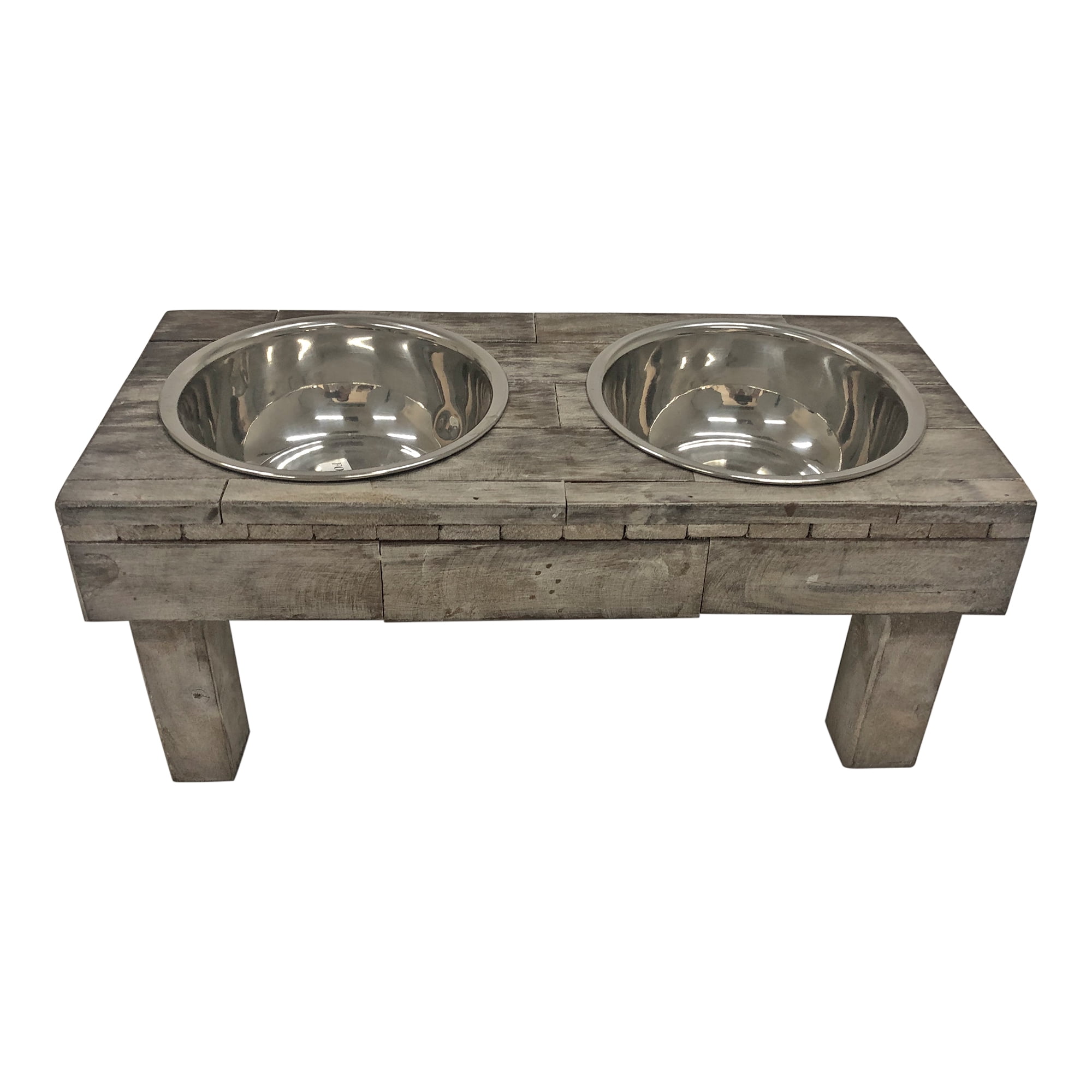 Huntley Pet Berjen Table Elevated Double Bowl Pet Feeder, Brown Wash (Small)