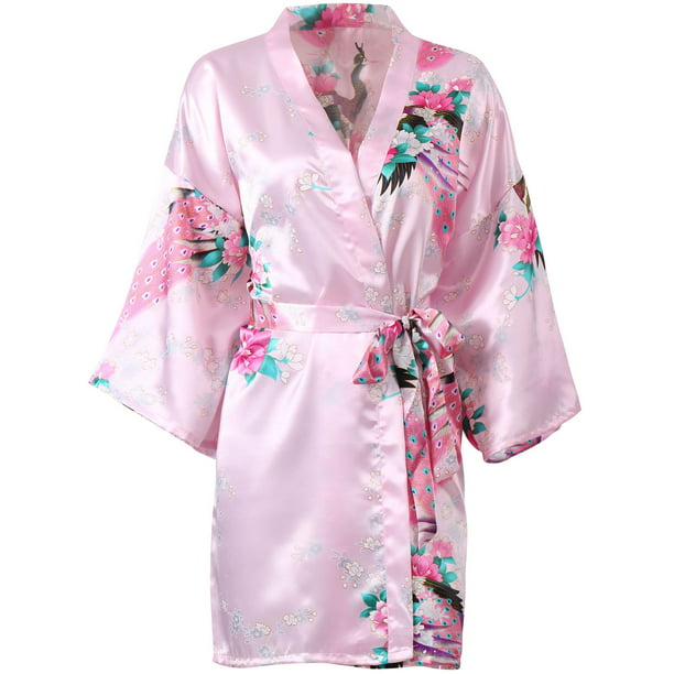 Basilica - Women's Peacock & Blossoms Printed Short Silk Satin Kimono ...